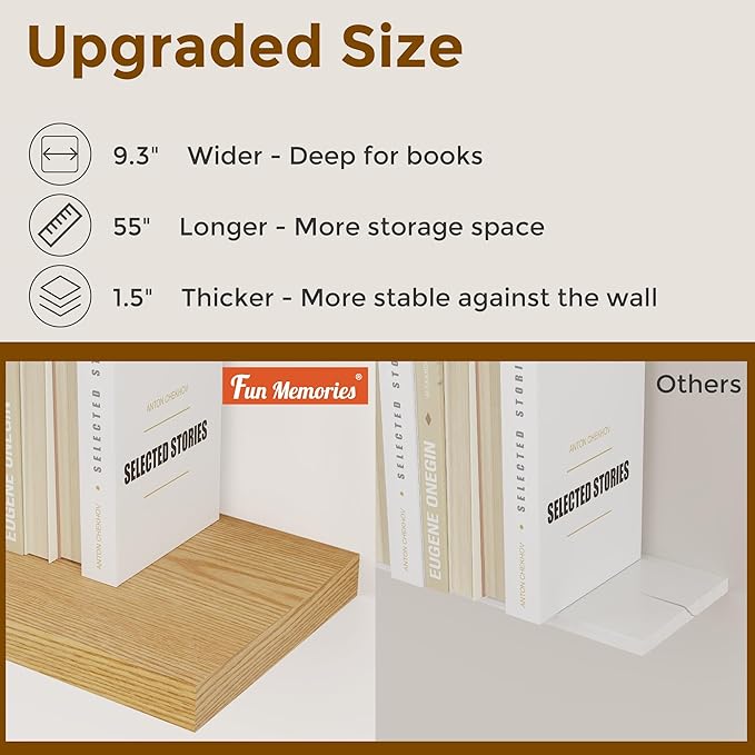 Fun Memories 55 Inch Oak Floating Shelves, 9.3 Inch Deep Wall Mounted Floating Shelf, 55 x 9.3 Large Storage Wall Shelf for Living Room, Floating TV Stand, Farmhouse Rustic 55" Long Fireplace Mantel