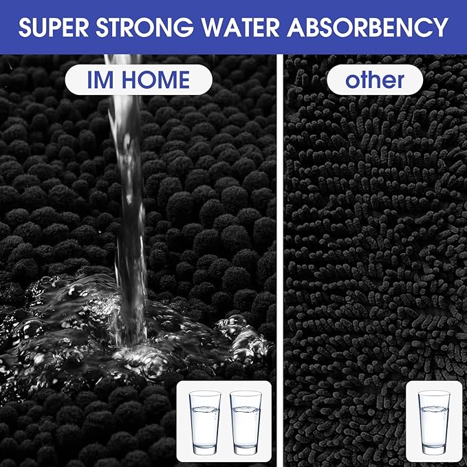 ACCUMTEK Striped Black Bathroom Rug Mat 47.5"x17" Ultra Soft, Non Slip Chenille Bath Rugs, Absorbent Plush Shaggy Bath Mats for Bathroom, Bedroom, Kitchen, Shower, Tub
