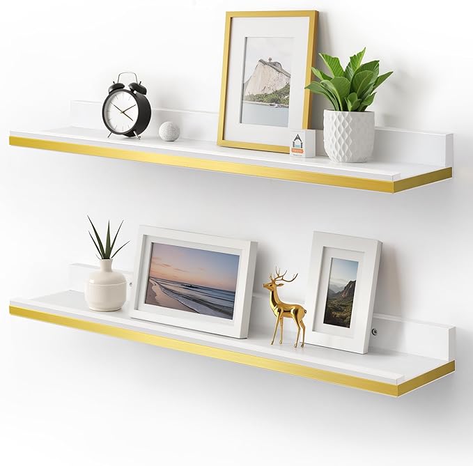 Gronda Floating Shelves for Wall with Ledge,White and Gold Picture Ledge Shelf Floating Shelves with Lip, 23.6 Inch Long Storage Shelves Wall Mounted for Bathroom Kitchen Bedroom Shelf Decor,Set of 2