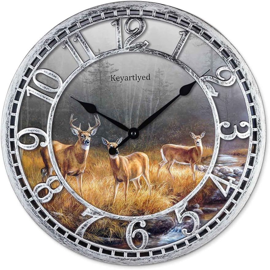 Great Looking Deer Clock Wildlife Wall Clock Silent Non Ticking Battery Operated 12 Inch Quality Plastic Round Wall Clocks for Home Kitchen Living Room Bedroom Office Decor (Antique Silver)