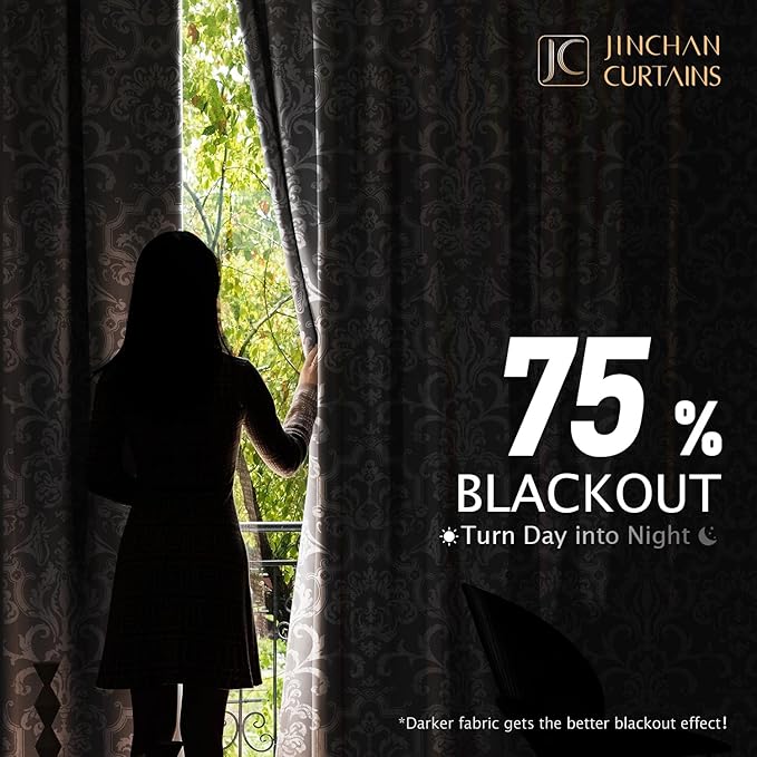 jinchan Room Darkening Curtains for Bedroom Grey Damask Patterned Curtains 96 Inch Length for Living Room Linen Textured Vintage 8FT Long Drapes Medallion Window Treatments Grommet Top 2 Panels Set