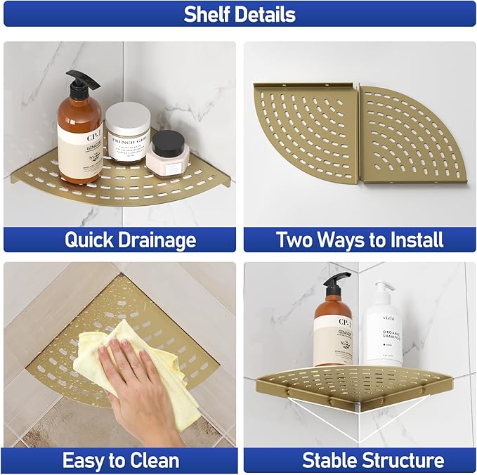 2 Pack Corner Shower Shelves 304 Stainless Steel Shower Corner Shelf Brushed Gold Bathroom 8 in Prevent Rust Drilling Installation