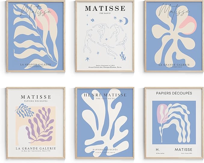 Habseligkeit Blue Matisse Wall Art Prints, Retro Abstract Posters for Girls Room Aesthtic, Girls Dorm Wall Decor Set of 6, 8x10 in