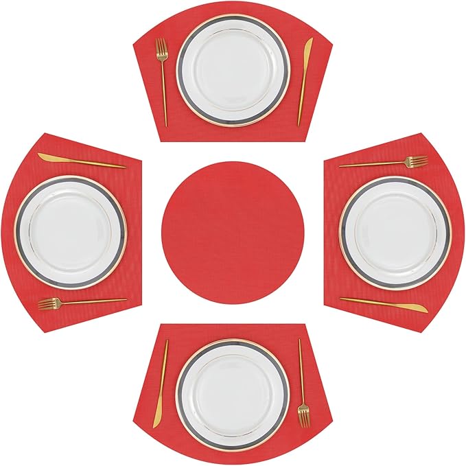 SHACOS Large Size Wedge Shape Placemats with Centerpiece Round Mat Set of 5 Round Table Place Mats Washable Dining Table Placemats Reversible, Red