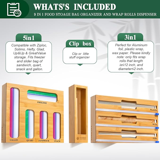 Calmbee 9 IN 1 Storage Bag Organizer for Kitchen Drawer, Bamboo Foil and Plastic Wrap with Cutter, Organizers Compatible Gallon, Quart, Sandwich Snack Size