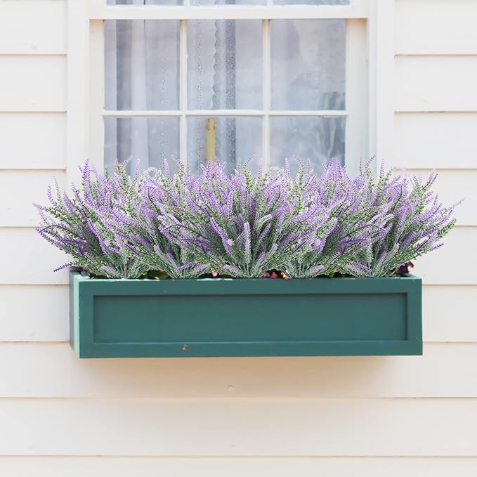Agusbagli Artificial Lavender Flowers, 12 Bundles Purple Plastic Flowers UV Resistant Outdoor Plants Faux Lavender Stems for Garden Centerpieces Window Box Porch Home DéCor