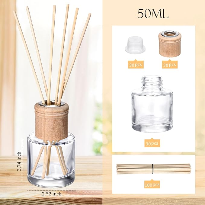 Roshtia 30 Set Reed Diffuser Bottle Empty Refillable Fragrance Glass Diffuser Bottles Set with Wooden Caps Rattan Sticks 50ml 1.7 oz Round Glass Jars for DIY Fragrance