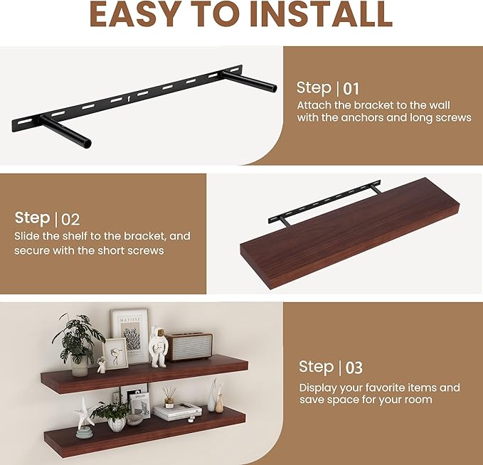 Fun Memories Deep Floating Shelves, Solid Wood Floating Shelves Wall Mounted, 9.3" Deep Floating Shelf for Living Room, Bedroom, 36 x 9 Large Wall Shelves for Books, Walnut Color, Set of 2