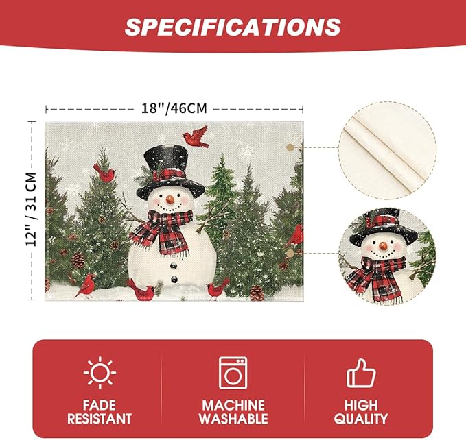 Artoid Mode Snowman Birds Trees Christmas Placemats Set of 8, 12x18 Inch Seasonal Grey Winter Holiday Table Mats for Party Kitchen Dining Decoration