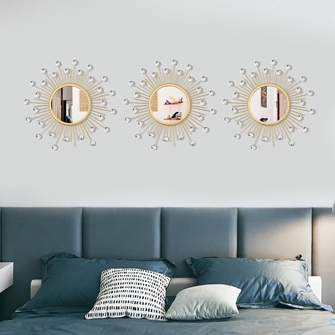 3 Pack Metal Mirrors for Wall Sunburst Wall Mirrors Home Décor Decorative Hanging Wall Art for Living Room Bedroom Entryway (Gold Crystal, Sunburst)