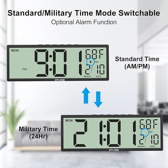 14.5'' Large Digital Wall Clock Battery Operated with Jumbo Numbers, Auto DST, Day, Date, Alarm, Temperature for Living Room, Bedroom, Desk Decor, Gift, LCD Screen Display Easy to Read and Set