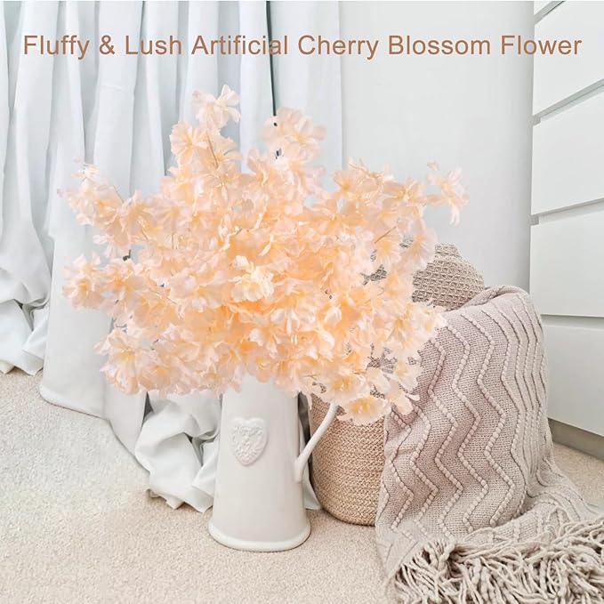 Pusuny Artificial Faux Cherry Blossom Branches Decor, 35 Inch for Tall Floor Vase Used as Wedding Home Decoration, Fake Flowers for Dinner Table Centrepiece, Champagne, 5PCS