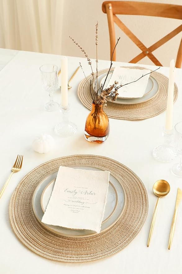 Floroom 15 Inch Round Braided Placemats Set of 6, Washable Heat Resistant Cotton Polyester Circle Place Mats for Kitchen Dining Table - Dunes Khaki