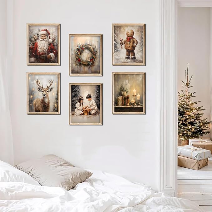 Christmas Wall Art set of 6 Christmas Pictures Wall Decor Winter Vintage Holiday Gallery Print Santa Claus Candles Gingerbread Man Deer, Canvas Santa Oil Painting Christmas Holiday Decor 8"X10"