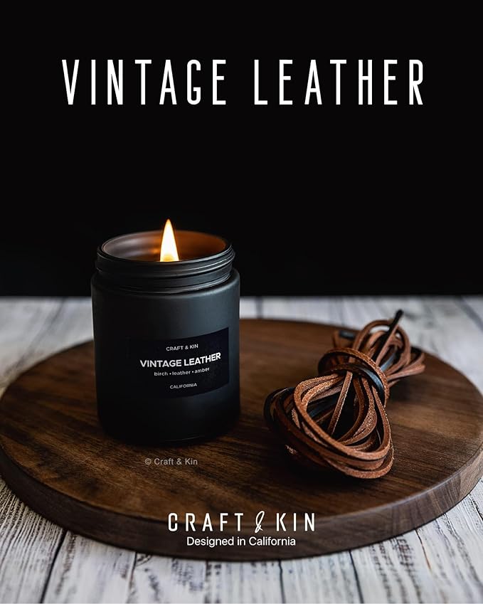 Craft & Kin Premium Vintage Leather Candle | Black Spring Scented Candles for Men | Long Lasting with 45 Hour Burn Time, 7.6oz | Made with Soy | Aromatherapy at Home | Gifts for Men