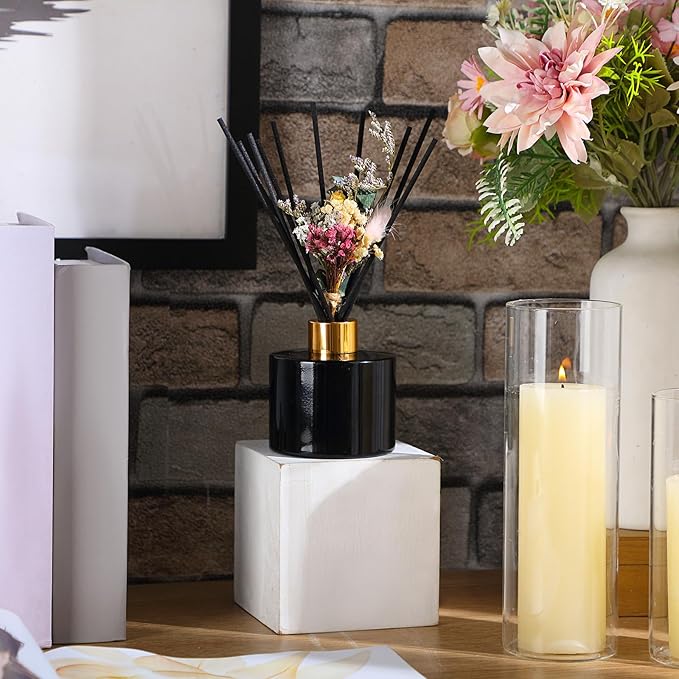Rtteri 2 Reed Diffuser Sets Flower Oil Diffuser Sticks with Refill Empty 5oz Bottles Scent Glass for Fragrance Home Bathroom Gifts, Oil Not Included(Black Color)