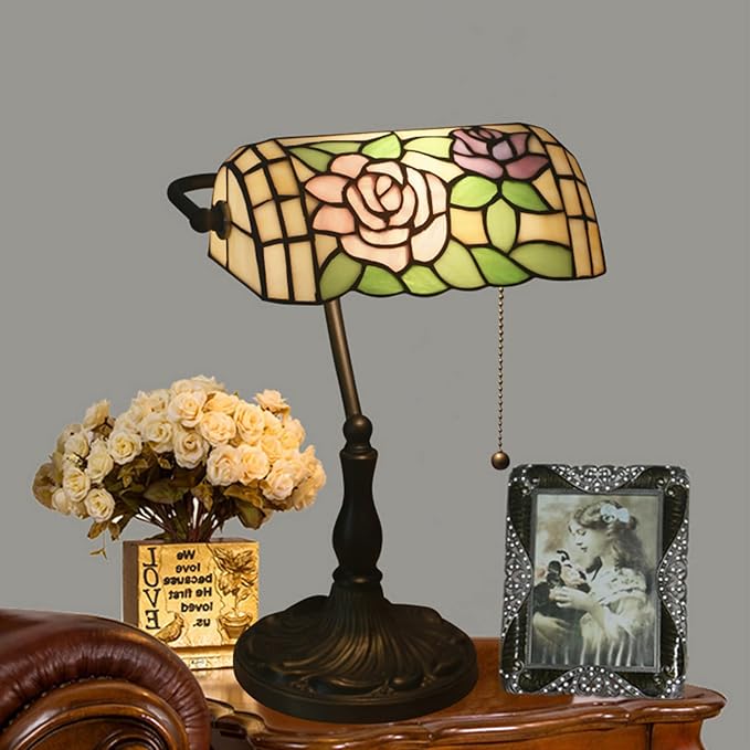 Tiffany Style Bankers Table Lamp Stained Glass Piano Desk Lamp Vintage Bedroom Bedside Lamp for Study,Antique Alloy Base,Zipper Switch,Rose c