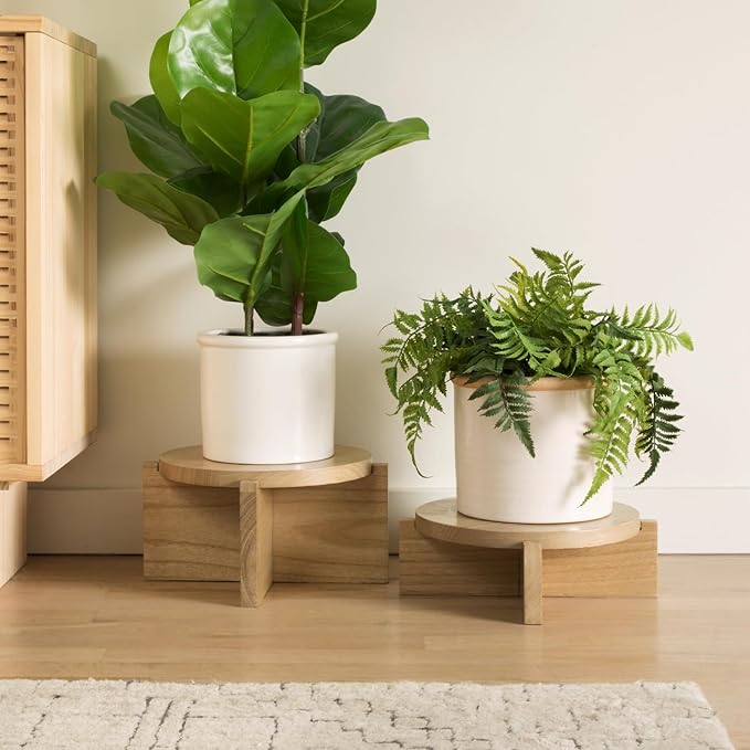 Natural Wood Riser Set of Two - Large 10” Round Wooden Plant Stands Indoor - Wood Pedestal Stands for Plants, Cakes, Drink Dispensers or Decorative Display - Mid Century Modern Plant Tables - Plant Stool for Floor or Table