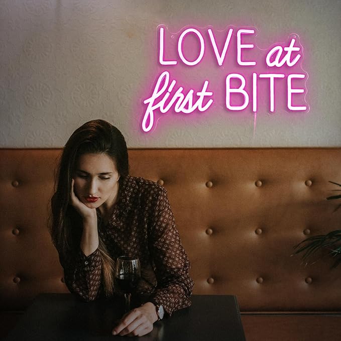 Love At First Bite Neon Sign Led Pink Words Neon Light Sign Wall Art Neon Light For Wedding Light Up Sign For bedroom Bar Pub Party 15.7"X10.2")