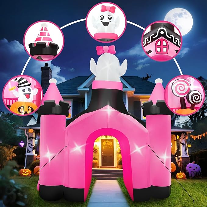 Kalolary 12 FT Halloween Inflatables Ghost Archway Outdoor Decorations, Pink Castle Arch Blow Up Yard Decorations Scary Inflatable with Build-in Lights for Yard Garden Lawn Indoor Outdoor Decor