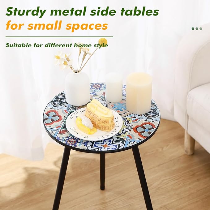 2 Packs Metal Mosaic Round Side Tables 13.4" Small Outdoor Patio Round Accent Coffee Tables Indoor Corner Stand for Small Spaces Weather-Resistant for Balcony, Porch Plant Stands Indoor, Mixed Mosaic