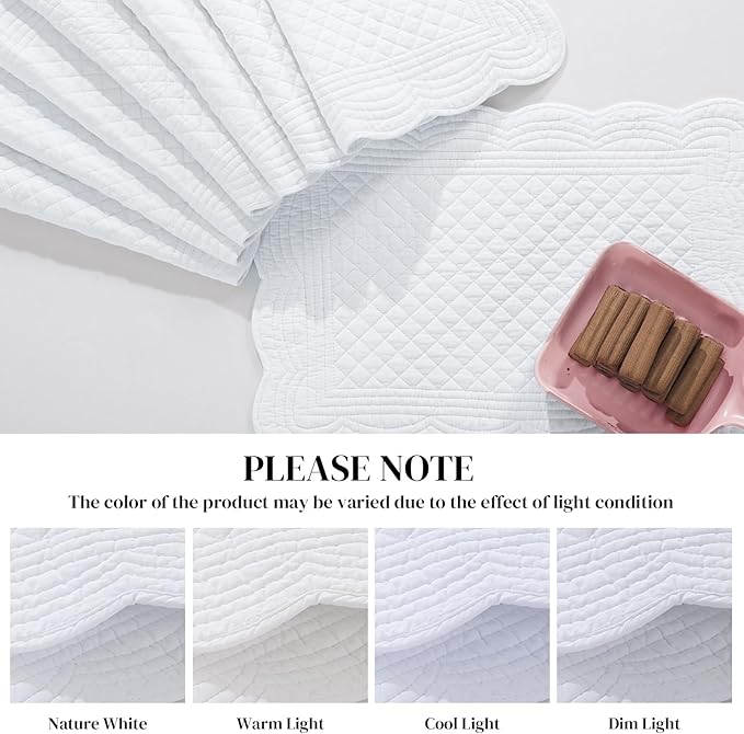 HOMBYS Quilted Placemats Set of 6 Washable-13x18 inches Rectangular Placemats for Kitchen Table-100% Cotton Fabric Rectangular Table Mats, (Pure White)
