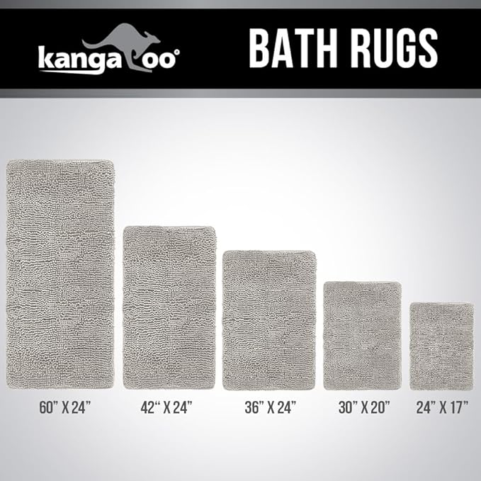 KANGAROO Bathroom Rugs, Chenille Soft Absorbent Bath Rug, Shaggy Shower Mat, Quick Dry Machine Wash Bathmat, Plush Carpet Mats for Tub, Bathtub and Room Home Decor Accessories, 42x24, Light Gray