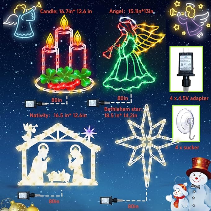 16" Christmas Window Silhouette Lights Decorations - 4 Pack Colour Lighted Angel & Nativity & Bethlehem Star & Candle for Holiday Indoor and Outdoor Wall Door Window Decorate