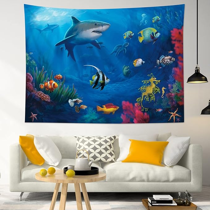HVEST Blue Ocean Shark Tapestry Tropical Fish and Coral in Undersea World Tapestry Wall Hanging Sea Nature Landscape Wall Art for Bedroom Living Room Kids Tree Dorm Party Decor, 80W X 60H inches