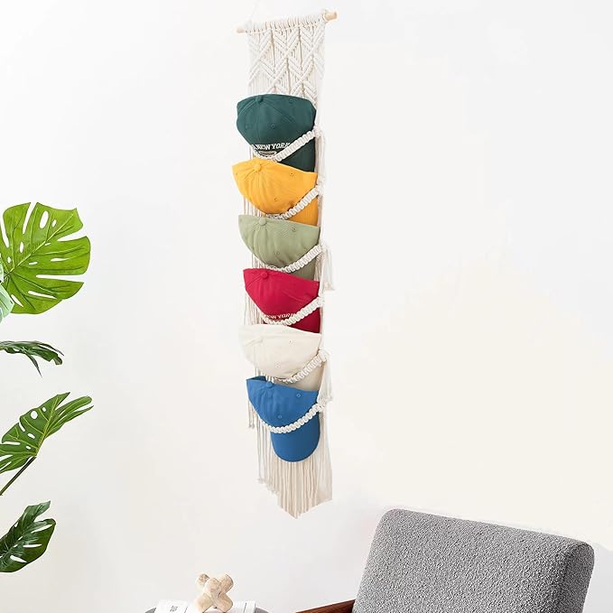Macrame Cap Holder, Boho Hats organizer for baseball Caps, Hat Rack for Wall Hanging Decoration, Cap Rack for collection Display, Handmade Cap Hanger Storage Organizer (Six hats)