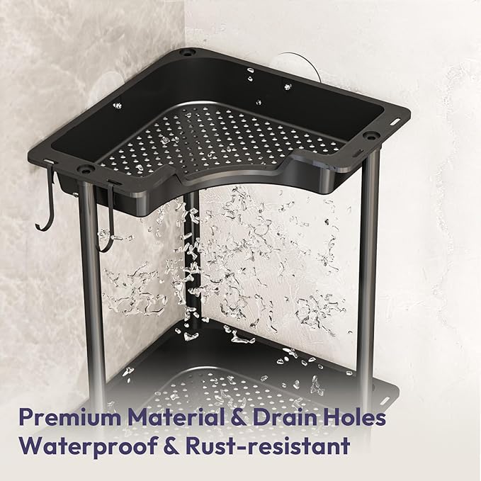 SWTYMIKI Corner Shower Caddy Standing - 3 Tier Rust Proof Floor Standing Shower Organizer with 4 Hooks, Waterproof Corner Stand Shower Shelf Storage Rack for Bathroom, Bathtub, Black