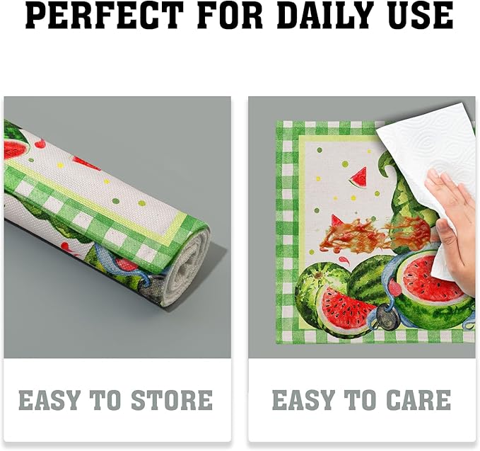 Watercolor Watermelon Gnomes Placemats Set of 4,Green Buffalo Check Plaid Rectangular Linen Kitchen Mats Summer Seasonal Place Mat 12 x 18 Inch for Kitchen Dining Table Decor