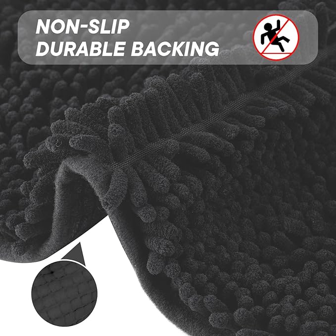 Bathroom Rugs 2 Pieces Chenille Bath Rug Mat, Extra Thick and Soft Absorbent Bath Rugs, Machine Washable, Non-Slip Plush Bath Mats for Tub, Shower, and Bath Room (Black, 32"x20"+24"x16")