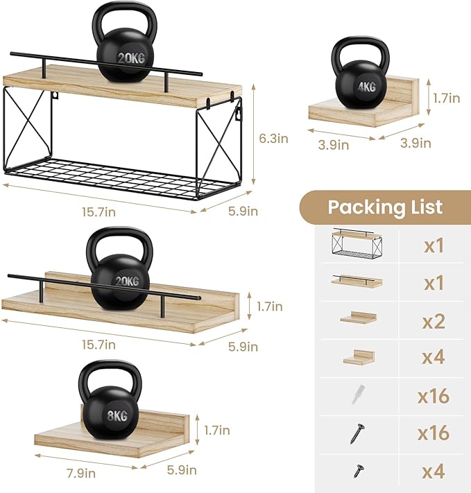 Floating Shelves for Wall Set of 8, Wall Shelves for Decoration and Storage, Bathroom Shelves with Wire Storage Tier, Wood Shelves for Bathroom, Living Room, Bedroom, Kitchen, Decor, 3 Size