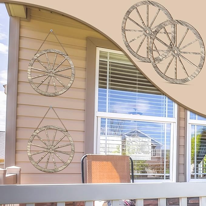 2 Pcs Wagon Wheel Decor Wooden Western Cowboy Party Decorations Vintage Rustic Wagon Wheel Wood Cartwheel Decor for Bar Garage Indoor Outdoor (Gray,12 Inch)