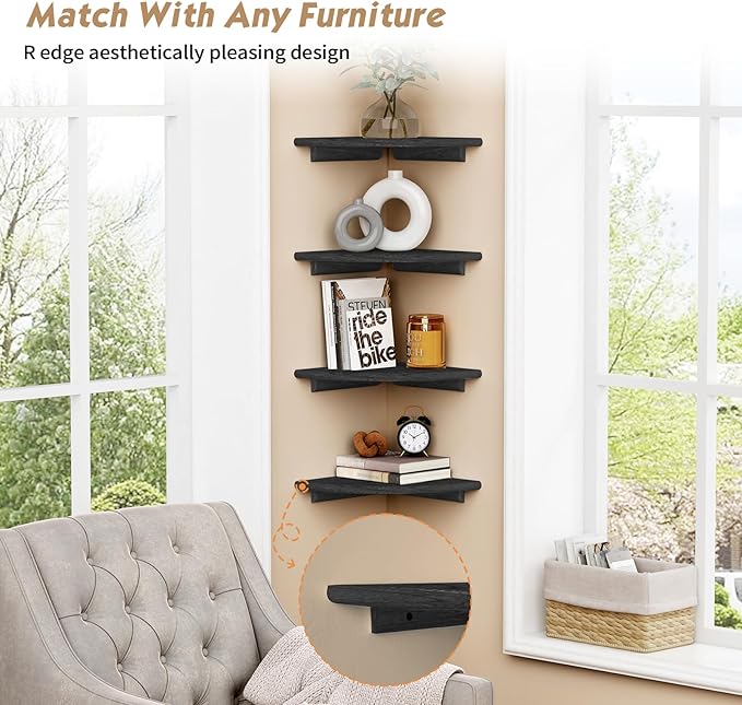 Forbena Black Corner Floating Shelves for Wall Set of 4, Small Rounded Corner Shelves Wall Mount for Bedroom Books, Mini Wood Hanging Corner Shelf for Bathroom Decor, Living Room, Small Spaces