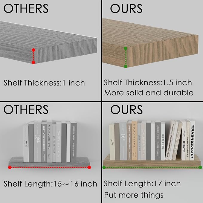 Floating Shelves for Wall - 17 Inch Natural Wood Shelves for Bathroom, Bedroom, Kitchen Decor, Farmhouse Decor Set of 2