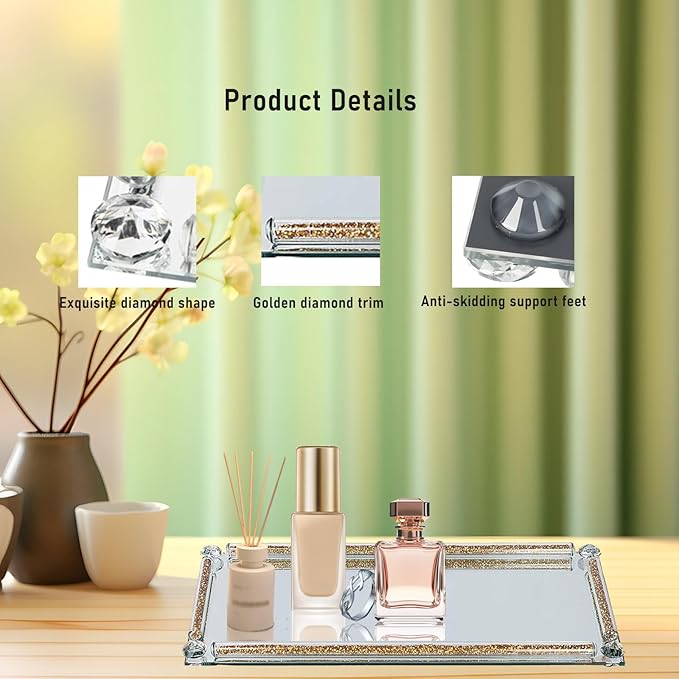 Crystal Diamond Tray, 13.8" x 5.9" Mirror Perfume Tray for Vanity Gold Crystal Jewelry Trinket Cosmetic Makeup Display Serving Trays for Dresser Crushed Diamond Home Decor