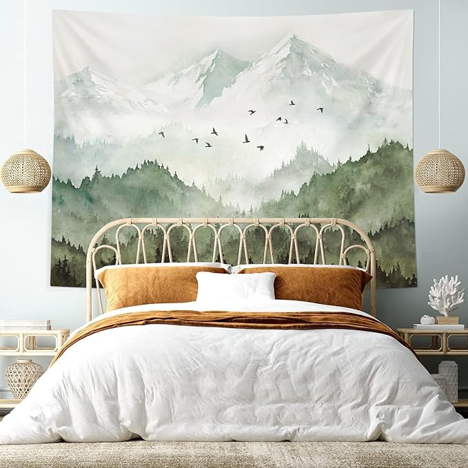 kampdream Mountain Forest Tapestry, Misty Foggy Sage Green Tree Landscape Watercolor Art Wall Tapestries, Nature Scenery Tapestry for Bedroom Living Room Backdrop 60×80 inch