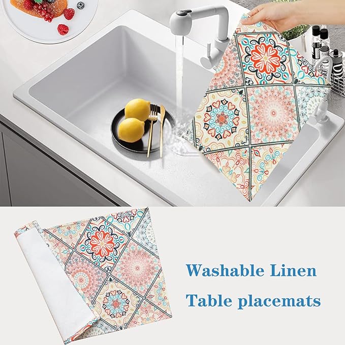 Table Placemats Set of 4 Boho Place Mats Linen Wipeable Placemats Heat Resistant Washable Placemats Fabric Waterproof Rectangle Table Mat for Kitchen Dining Dinner 18 X 12 Inch, Boho