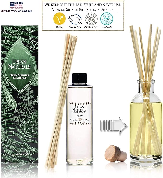 Urban Naturals Vanilla Bean Reed Diffuser Refill, 4 oz, Bundle with Vanilla Bean Reed Diffuser Set - Made with Essential Oils in The USA