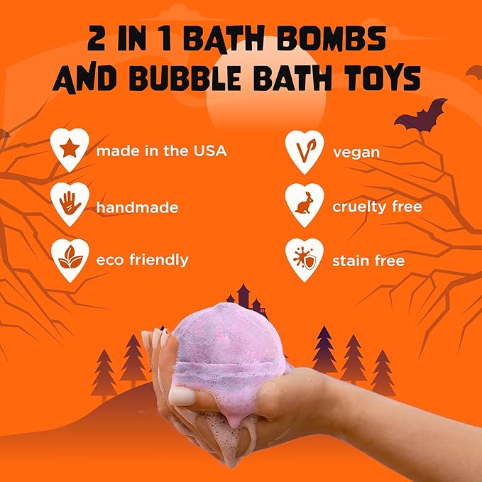 Halloween Bath Bomb for Kids with Surprise Toys Inside - Large Pumpkin Spooky Bombs for Boys & Girls – Made in USA, Boo Basket Stuffers for Teens by Two Sisters
