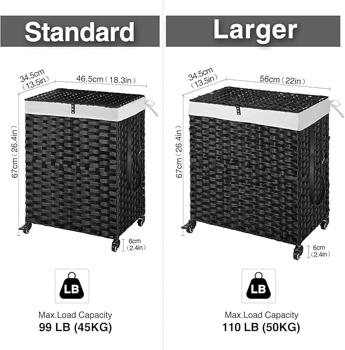 Greenstell Laundry Hamper with Wheels, No Install Needed, 90L Divided Handwoven Hampers & 2 Removable Liner Bags, Synthetic Rattan Clothes Laundry Basket with Lid & Handles, Foldable Hampers Black