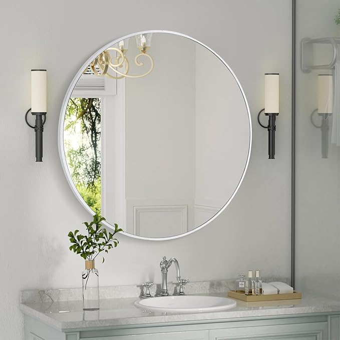 CULER Round White Bathroom 30 Inch Mirror,Circle Wall Modern Mirror for Bedroom,Hanging Vanity Tempered Glass Mirrors for Entryway or Living Room