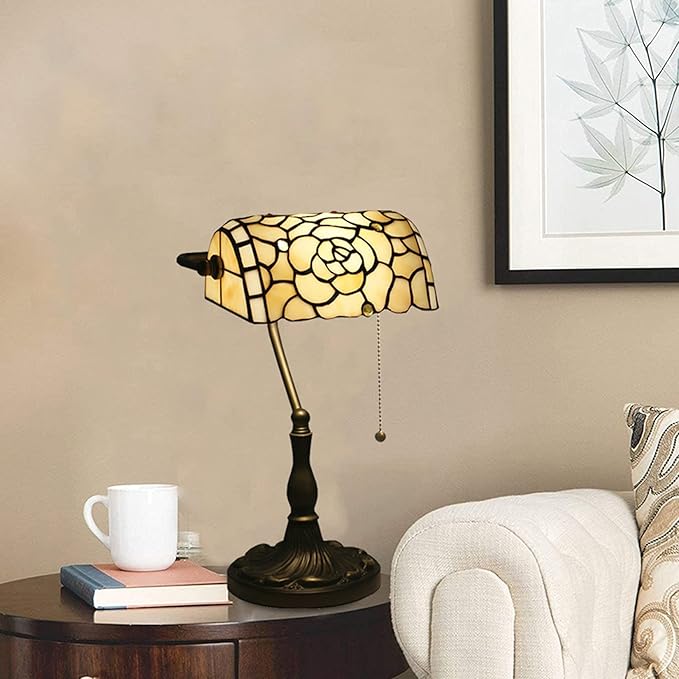 Rose Bankers Lamp Tiffany Vintage Table Lamp Stained Glass Beige Rose Lampshade Table Light Piano Desk Lamp Bedroom Bedside Lamp for Livingroom Office Study,Antique Alloy Base,Zipper Switch,Rose b