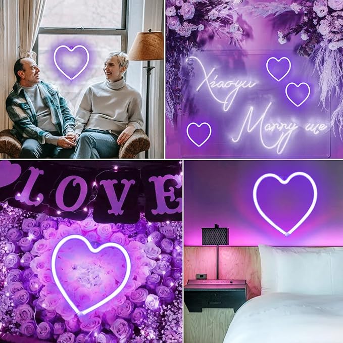 Purple Heart Neon Signs for Wall Deacor, LED Heart Lamp Battery Operated/USB Love Neon Lights for Bedroom, Mother's Day, Christmas, Valentine's Day Decorations-Purple