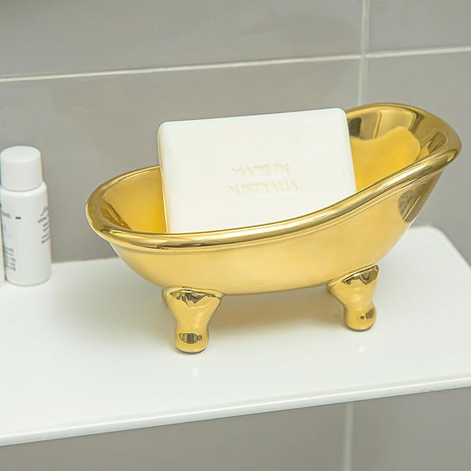 5.6" Ceramic Mini Bathtub Soap Dish Decortative Clawfoot Bathroom Soap Dish (Golden)
