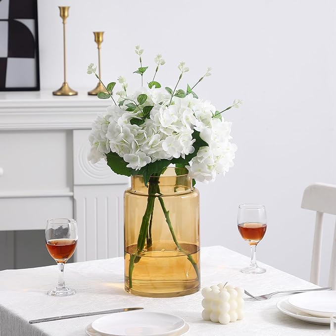 Large Glass Vase, 9 Inch Amber Glass Vase, Large Flower Vases for Bouquet, Tall Wide Mouth Vases for Flowers, Home, Wedding, Living Room, Office Decor