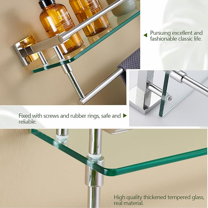 KOKOSIRI Bathroom Shelves with Towel Holder Rustproof 20'' Bathroom Tempered Glass Shelf with Rails Wall Mounted Stainless Steel, Polished Chrome Finish, B1103CH-L20