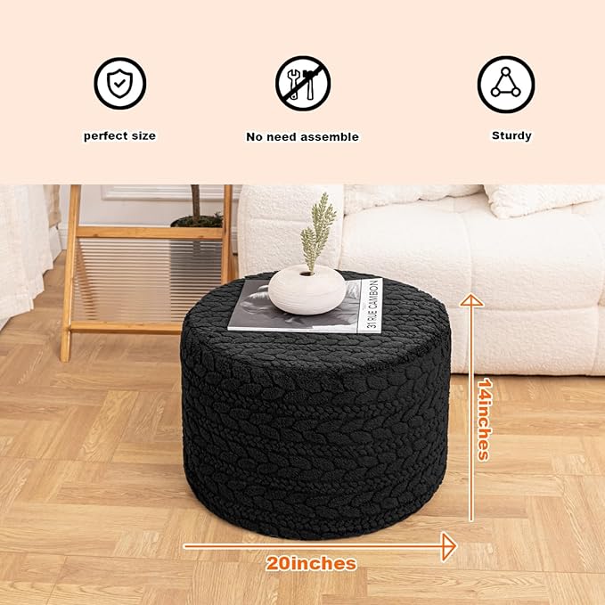 Round Pouf Ottoman 20 x 20 x 14 Inches Boho Poof Home Decor Floor Pouffe Ottoman Foot Rest for Couch Sofa Bean Bag Chairs Living Room Bedroom (Black)